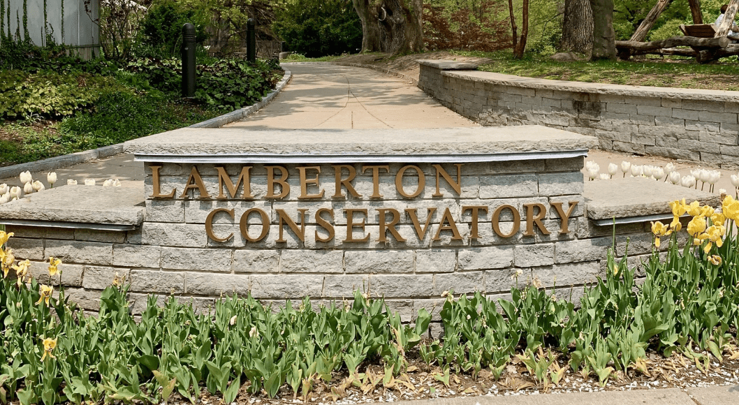 The entrance sign to the Lamberton Conservatory in Rochester, NY.