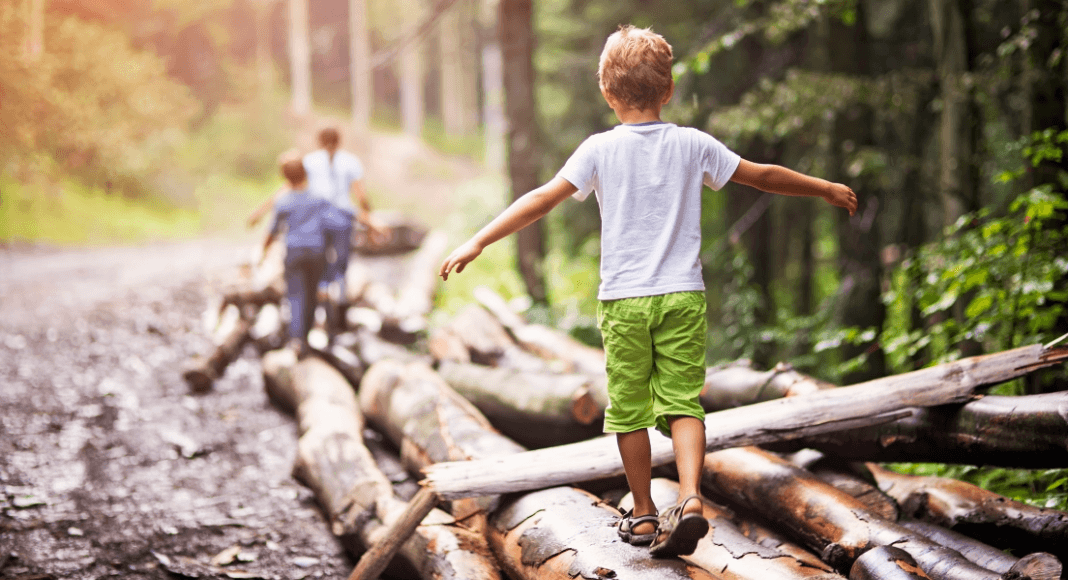 Children balance and walk across wooden logs
