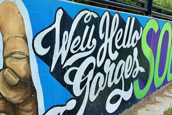 Mural in Rochester that reads Well Hello Gorges.