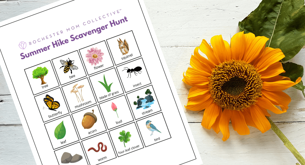 Scavenger hunt list next to a sunflower on a table