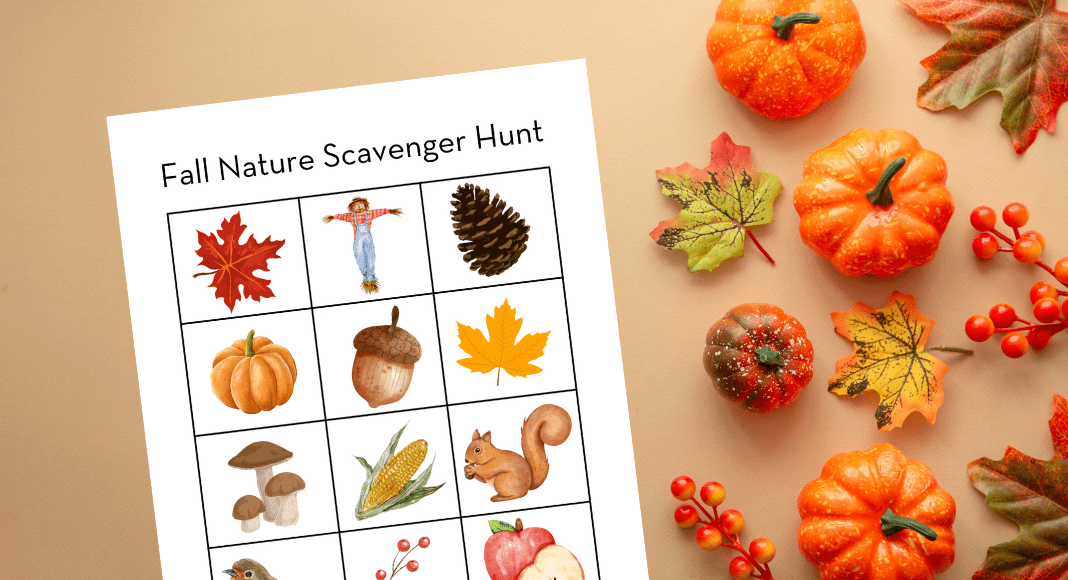 Fall Nature Scavenger Hunt on a table with leaves and pumpkins