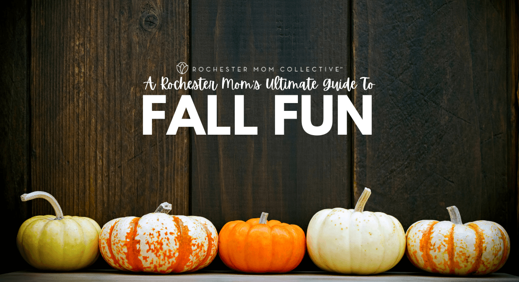 A Rochester Mom's Ultimate Guide To Fall Fun with a table of pumpkins