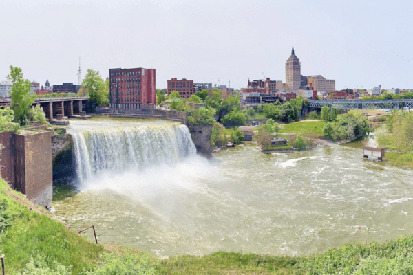 A waterfall in downtown Rochester.