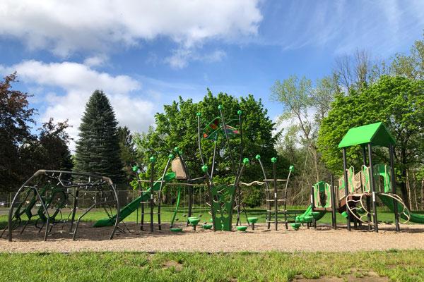A jungle gym and slide with bright green.