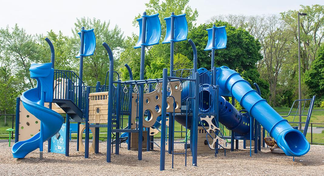 A blue playground structure.